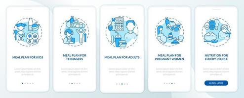 Meal plan for different age groups blue onboarding mobile app page screen vector