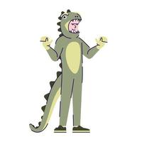 Hombre vestido con traje de dinosaurio ilustración vectorial plana