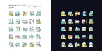 Sensitive information types light and dark theme RGB color icons set vector