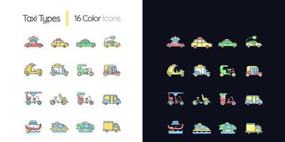 Tipos de taxi conjunto de iconos de colores rgb de tema claro y oscuro vector