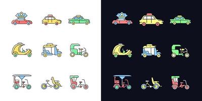 Taxicab types light and dark theme RGB color icons set vector