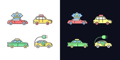 Taxi booking light and dark theme RGB color icons set vector