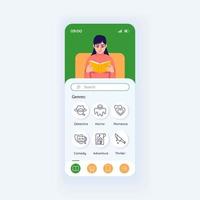 Aplicación para leer libros plantilla de vector de interfaz de teléfono inteligente