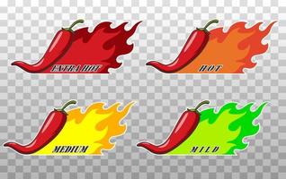 Icons with Chili Pepper Spice Levels. Hot pepper sign with fire flame for packing spicy food. Mild, medium and extra hot pepper sauce stickers. Vector illustration.