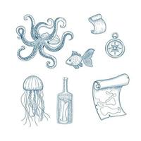ilustraciones marinas pulpo conjunto náutico conchas de calamar salvaje monstruo kraken colección dibujada a mano