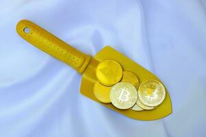 Gold bitcoin coins on a golden shovel on white background photo
