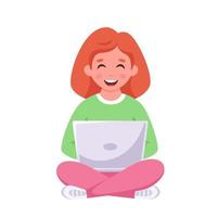 Girl sitting with laptop. Online learning, back to school concept. vector