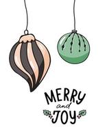 tarjeta de felicitación vertical de Navidad en estilo dibujado a mano con bolas y letras. vector