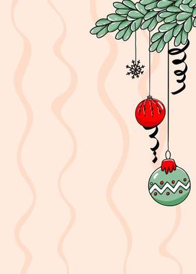 Christmas vertical background with hand drawn New Years balls, serpentine pine branch and snowflake.