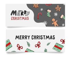 conjunto de banners web horizontales navideños con dulces dibujados a mano, dulces, regalos y letras. vector