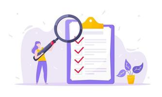 Task done business concept tiny person with magnifying glass nearby giant clipboard complete checklist vector