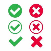 Check marks icon signs vector illustration set. Yes or no, right and wrong, in the circle and without it, tick and cross, OK or X flat design version of check mark buttons