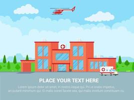 Hospital building text space, cloudy sky and trees behind. vector