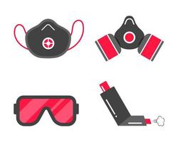 Smog safety first flat style design icon signs set. Gas mask, protective smog mask, inhaler, goggles mask. Symbols of protection against smog isolated on white background. vector