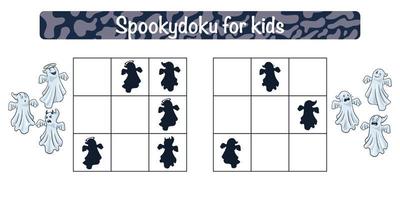 Spookydoku Educational Game for Kids. Sudoku with funny ghosts activity for children. School puzzle. Educational worksheet vector