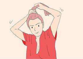 Cute woman who is tying her hair. Hand drawn style vector design illustrations
