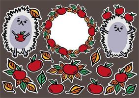 Hadgehog with apple fruit stickers set vector