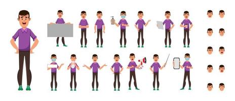 casual boy cartoon character set. Character set in different poses or gestures vector