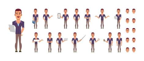 Casual businessman cartoon character set. Character set in different poses or gestures vector