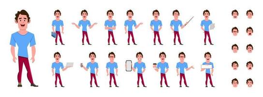 Casual cartoon man character set. Character set in different poses or gestures vector