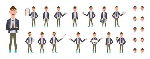 Cute businessman cartoon character set. Character set in different poses or gestures vector