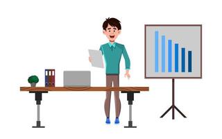 Businessman cartoon character stand near his desk and giving presentation vector