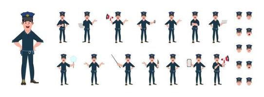 conjunto de personajes de dibujos animados de policía. conjunto de caracteres en diferentes poses o gestos vector