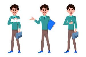 Smiling businessman with three different situations and poses vector