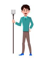 Young man standing with holding agricultural fork vector