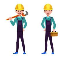 Plumber character holding wrench and tools box in hands vector