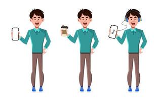 Character set of three poses with holding phone and coffee cup vector