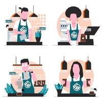 barista making coffeee for consument set vector
