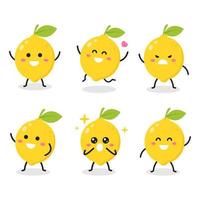 Collection of cute lemon characters in various poses isolated on white background Funny fruit cartoon Free flat vector graphic design illustration for infographic children book and farm concept