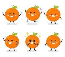 colección de lindo personaje naranja en varias poses aisladas sobre fondo blanco dibujos animados divertidos de frutas ilustración de diseño gráfico de vector plano libre para infografía libro para niños y concepto de granja