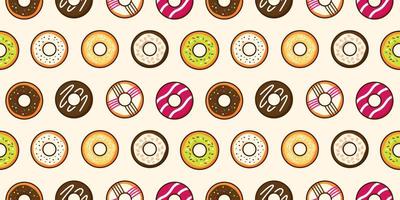 Group of colorful sweet donuts with glaze and sprinkles background Top view doughnut seamless pattern backdrop wallpaper Dessert and bakery concept Trendy cute cartoon food free vector illustration