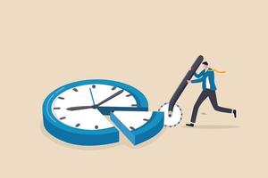 Time allocation, manage limited time to optimize outcome, project management or efficiency and productivity concept, smart businessman cut clock face with pizza cutter metaphor of time management. vector