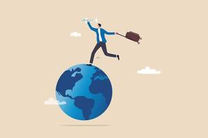 Travel passion when the world open after COVID-19, global tourism growth and tourist return their travel plan concept, happy man holding airplane and vacation baggage running on world map globe. vector