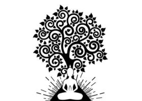 Visakha Puja Day, Meditating Buddha and Bodhi tree in Sacred lotus logo template. Sacred tree, Ficus religiosa, Tree of life concept. Vector isolated on white background