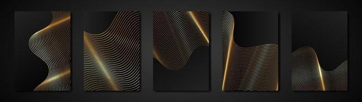 Set black cards abstract engraving golden texture. Wavy etching background. Luxury Invitation or cover design template, wavy gold stripes and copy space. Vector illustration