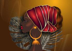 Peinado afro, hermoso retrato de mujer africana en turbante rojo de tela estampada de cera, concepto de diversidad. Reina negra, diadema étnica para trenzas afro y cabello rizado rizado. vector aislado fondo marrón