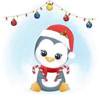 Cute penguin and candy cane, winter and Christmas season