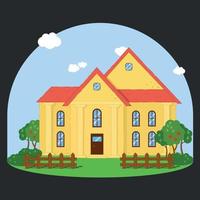 Yellow house with red roof, brown fence, lawn and apple trees vector