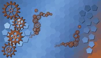 Banner with geometric blue and brown honeycomb background with place for text, gears and frame made of gears, vector