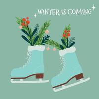 viene el invierno. postal de felicitación navideña con patines para hielo y ramas de abeto en el interior. vector