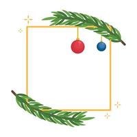 Christmas square frame with fir branches with toy balls. vector