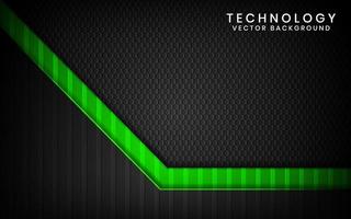 Capas superpuestas de fondo techno negro y verde 3d abstracto en el espacio oscuro con decoración de efecto metálico de líneas. elemento de plantilla moderno concepto de estilo futuro para volante, tarjeta, portada o página de destino vector