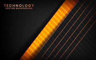 Capas superpuestas de fondo techno negro y naranja abstracto 3d en el espacio oscuro con decoración de efecto metálico de líneas. elemento de plantilla moderno concepto de estilo futuro para volante, tarjeta, portada o página de destino vector