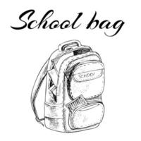 Hand drawn Illustration. Back to School. School essential illustration. Vintage vector school bag sketch.