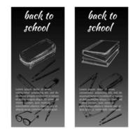 un conjunto de banners vectoriales. Dibujado a mano de regreso a la escuela y la ilustración de artículos escolares. vector
