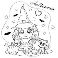 Cute coloring page for Halloween with a girl in a witch hat, with a broom in her hand, with pumpkins and a cat. Outline vector illustration.